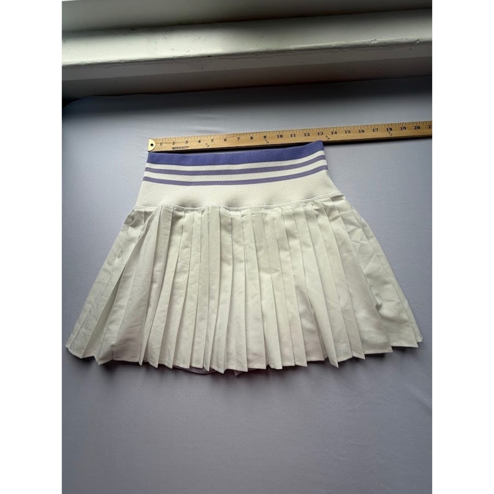 White Pleated Tennis Skort Purple Striped High Waist Athletic Skirt Medium